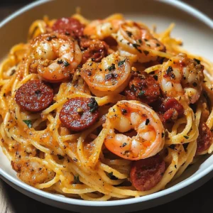 Spaghetti with Pepper Cream, Chorizo & Shrimp