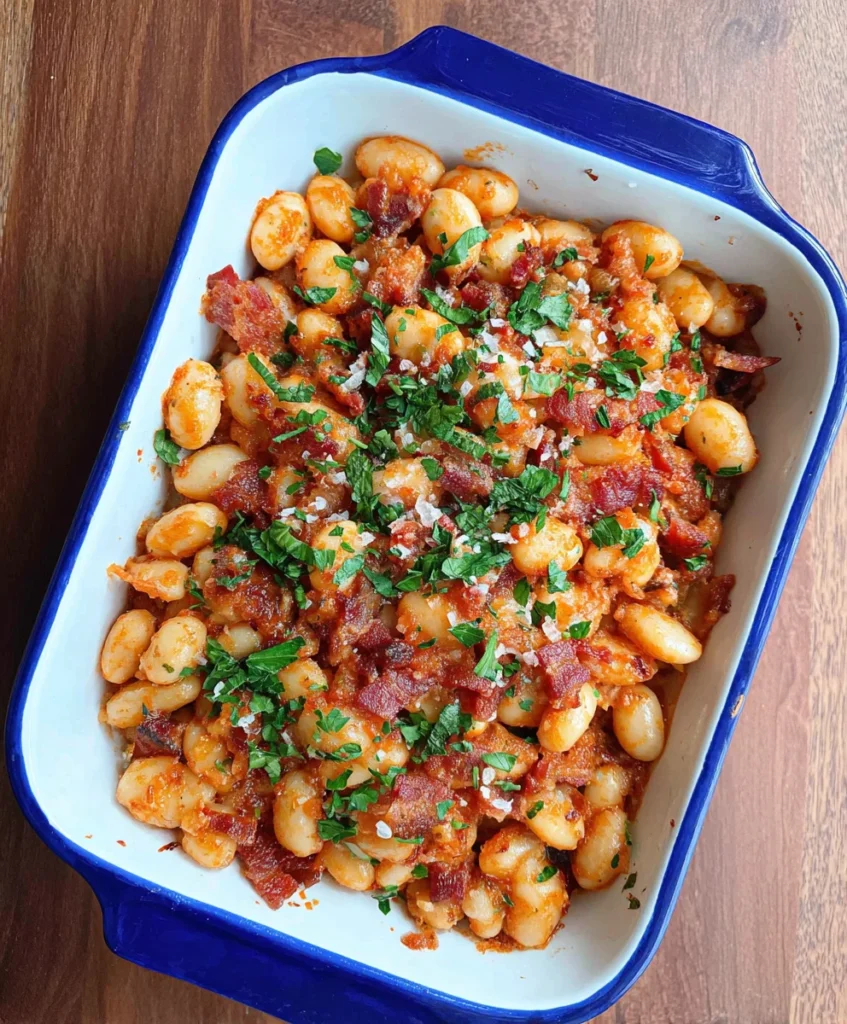 Baked butter beans with pancetta