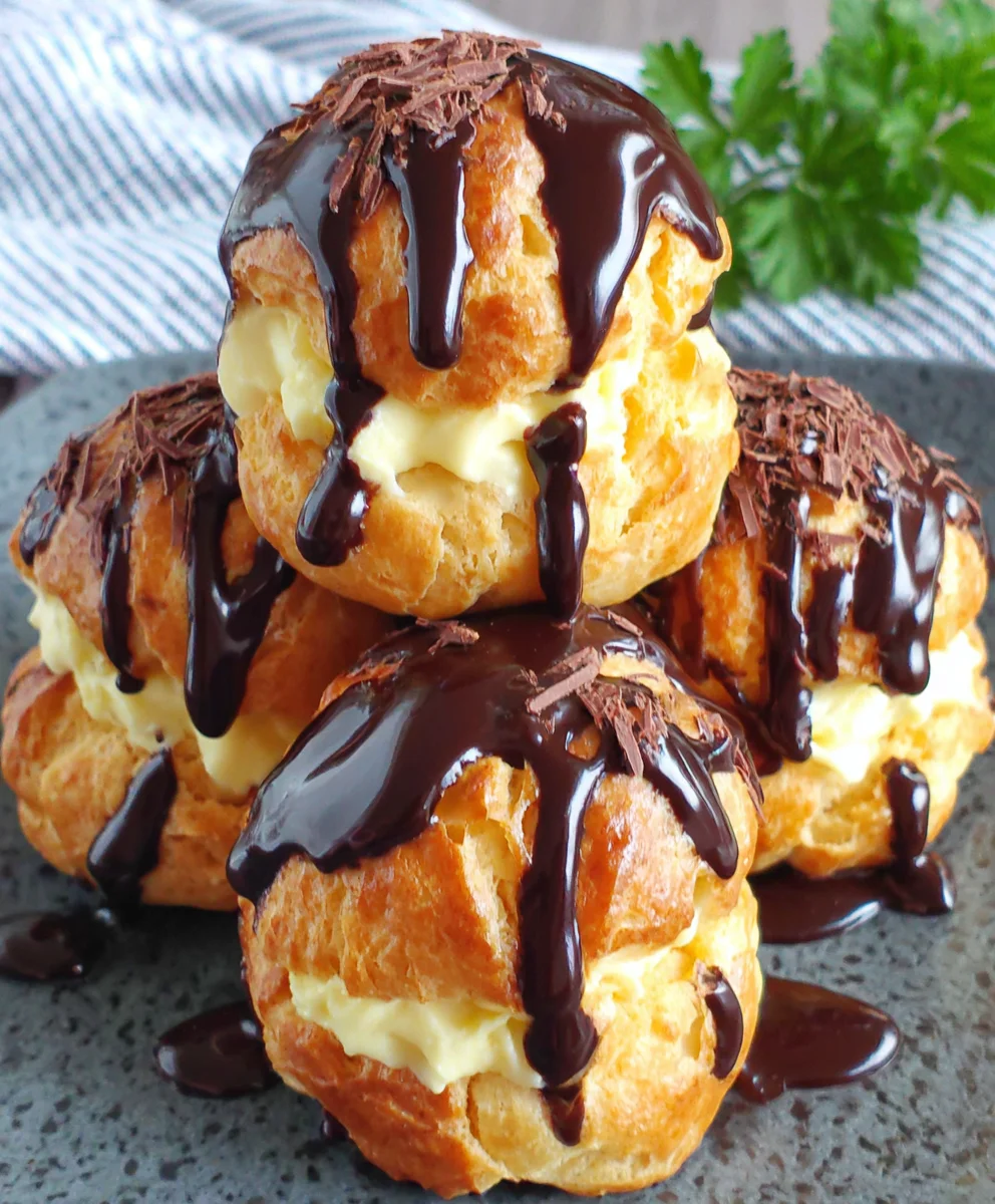 Triple chocolate profiteroles